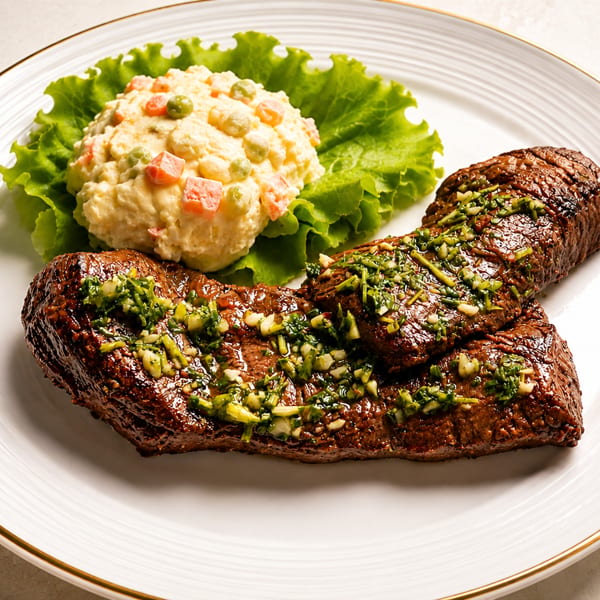 Grilled steak with chimichurri, potato salad, and lettuce on a white plate.