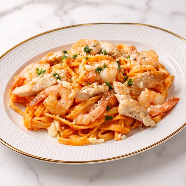 Fettuccine pasta with shrimp and chicken in a creamy orange sauce, garnished with parsley and cheese.