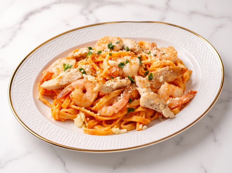 Fettuccine pasta with shrimp and chicken in a creamy orange sauce, garnished with parsley and cheese.
