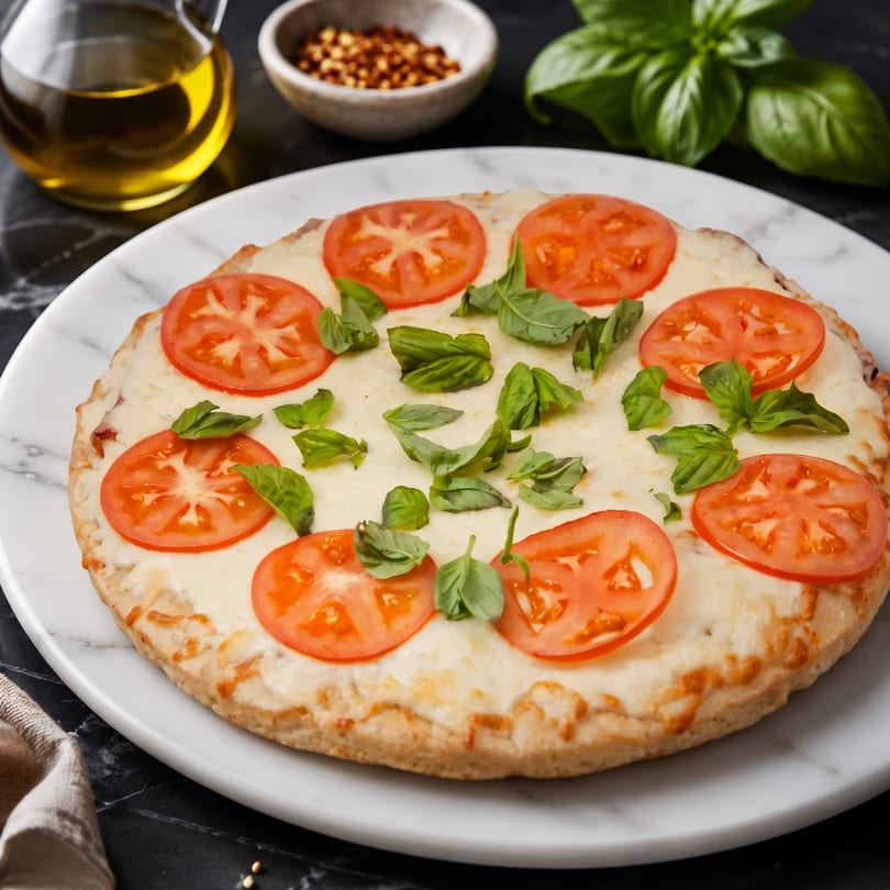 A white pizza with sliced tomatoes and fresh basil leaves on a marble plate.
